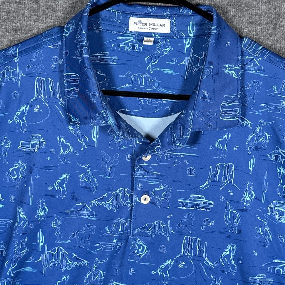 Peter Millar Polo Shirt Men XL Blue Western Cowboy Outlaw Print Performance Golf